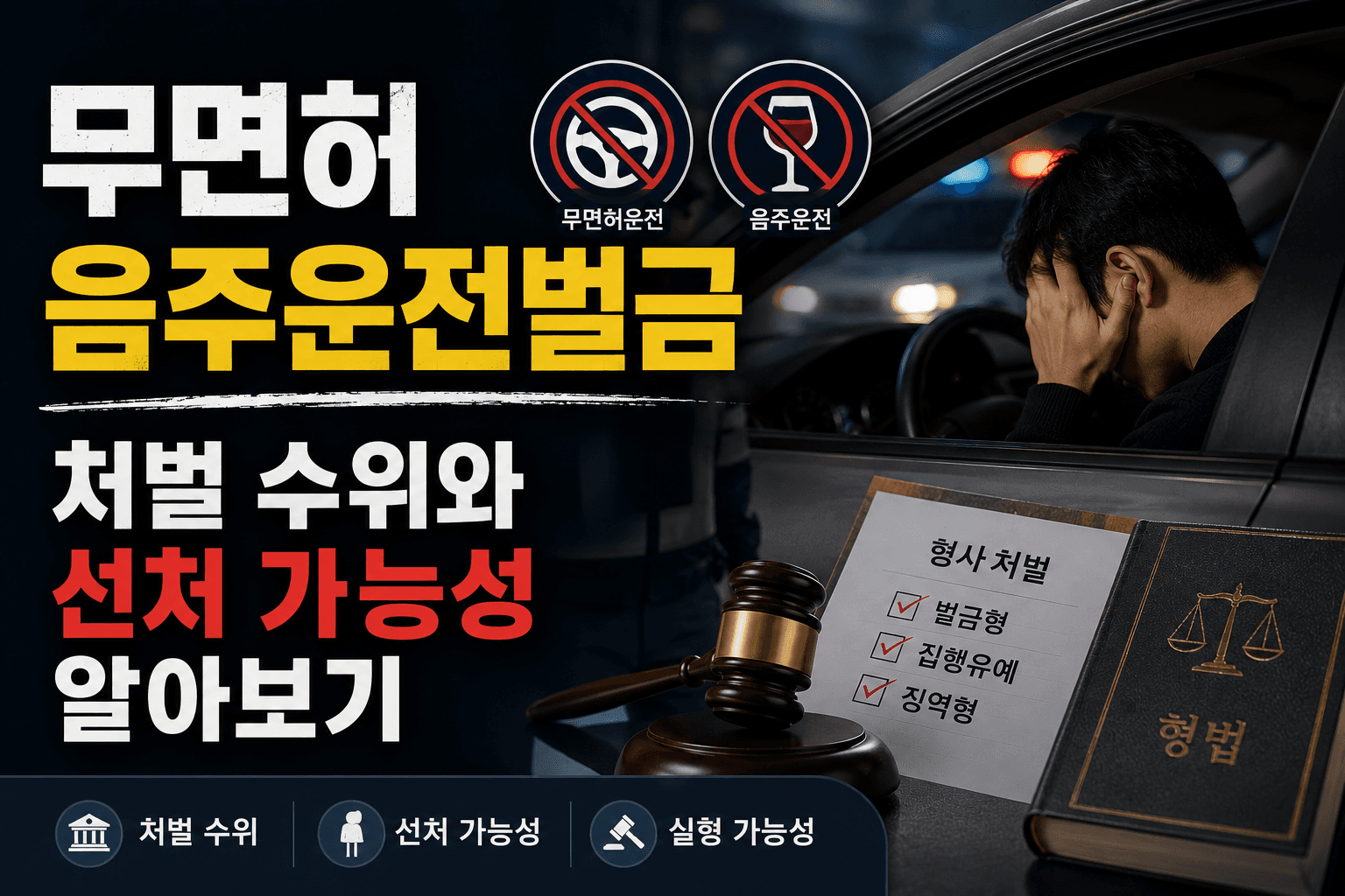 무면허음주운전벌금과 처벌 기준, 선처 가능성 및 징역형 여부를 설명
