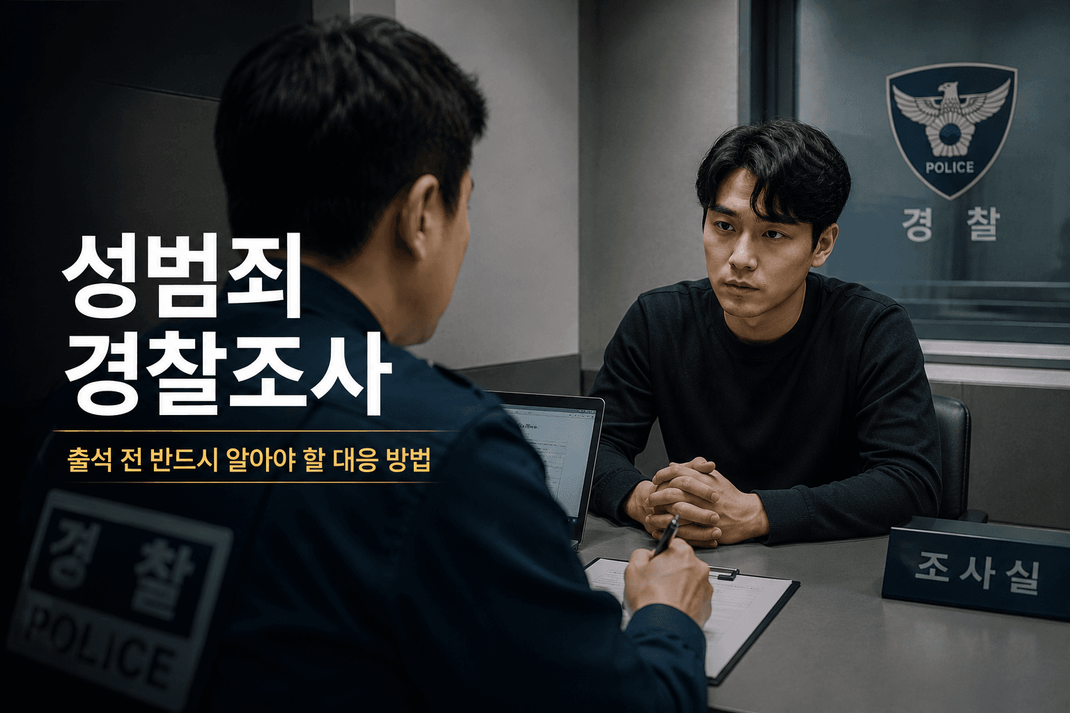 경찰 조사실에서 조사관과 마주 앉아 진술하는 의뢰인의 모습을 배경으로, 성범죄 경찰조사의 절차와 초기 대응의 중요성을 설명하는 대표 이미지입니다.