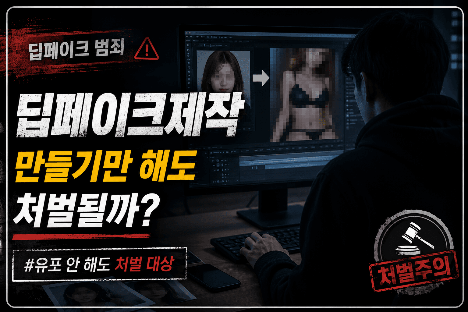 어두운 공간에서 컴퓨터를 이용해 특정 인물의 얼굴 사진을 다른 이미지에 합성하는 모습을 통해, AI 기술을 이용한 딥페이크제작 상황과 디지털 성범죄로 이어질 수 있는 위험성을 상징적으로 표현한 이미지입니다.
