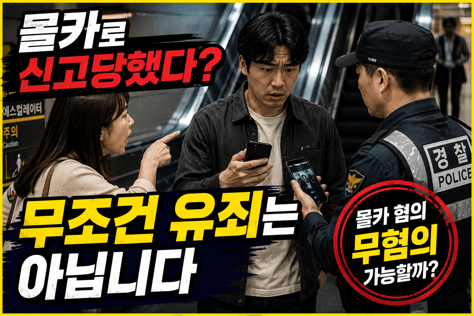 지하철에서 스마트폰을 들고 있던 남성이 불법촬영을 의심받아 신고되고 경찰이 현장에서 휴대전화를 확인하는 모습을 통해, 몰카 혐의로 수사가 시작됐지만 실제 카메라등이용촬영죄의 성립 여부를 다퉈야 하는 상황을 표현한 이미지입니다.