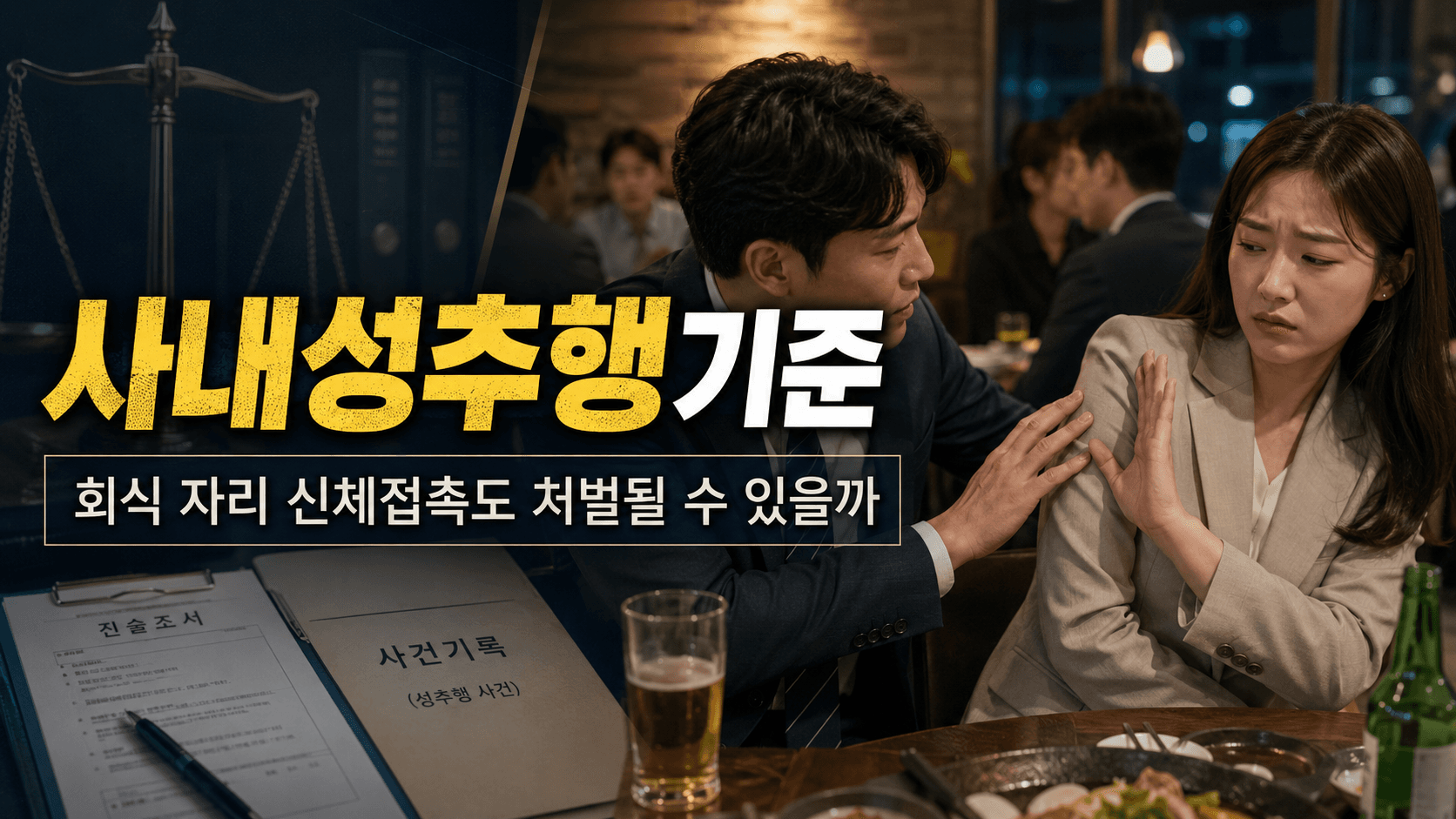 사내성추행기준과 회식 자리 신체접촉이 강제추행으로 문제될 수 있는 상황을 표현한 이미지입니다.