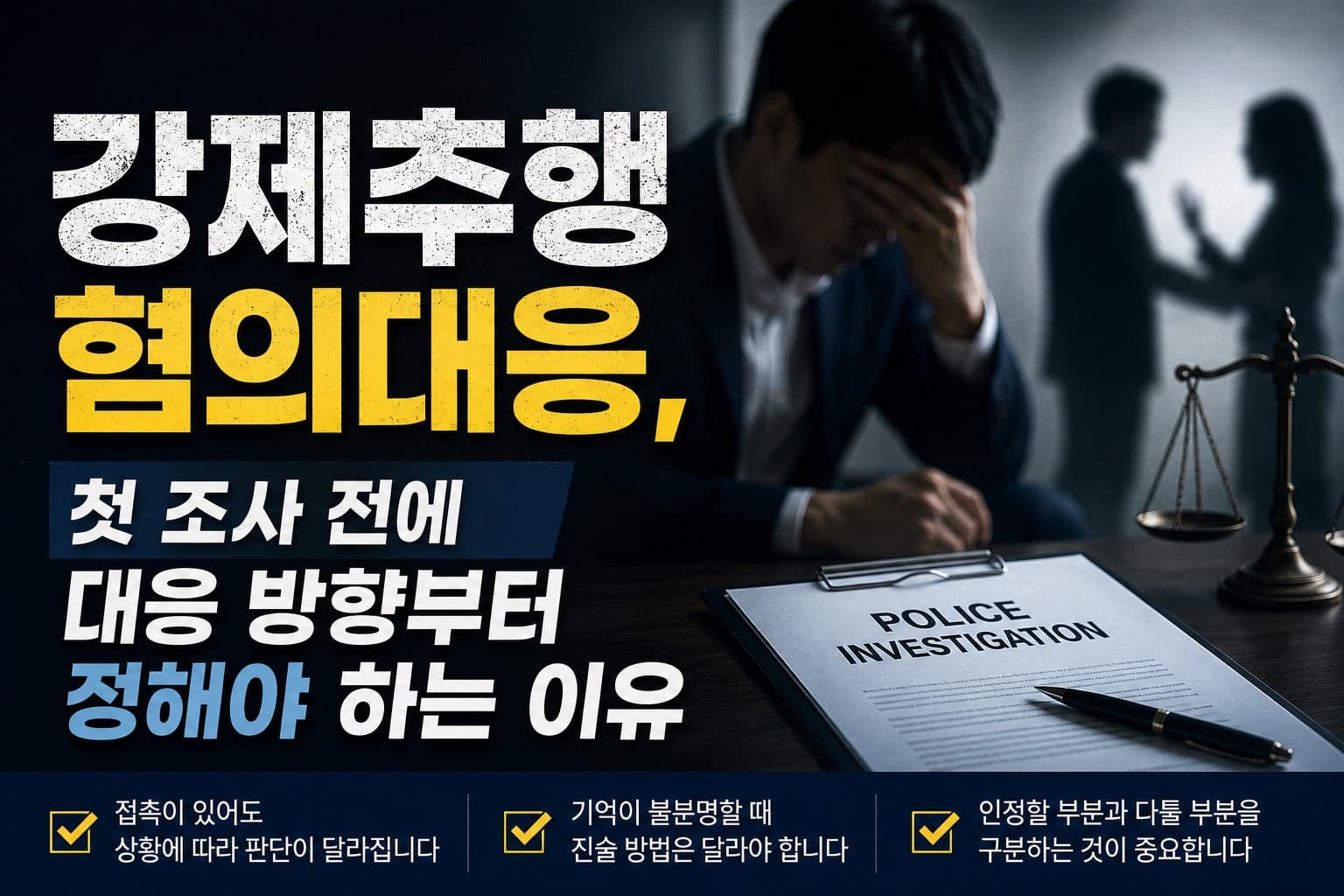 강제추행 혐의대응 과정에서 첫 경찰조사 전 사실관계와 증거, 진술 방향을 점검하는 상황을 표현한 성범죄 법률 이미지입니다.