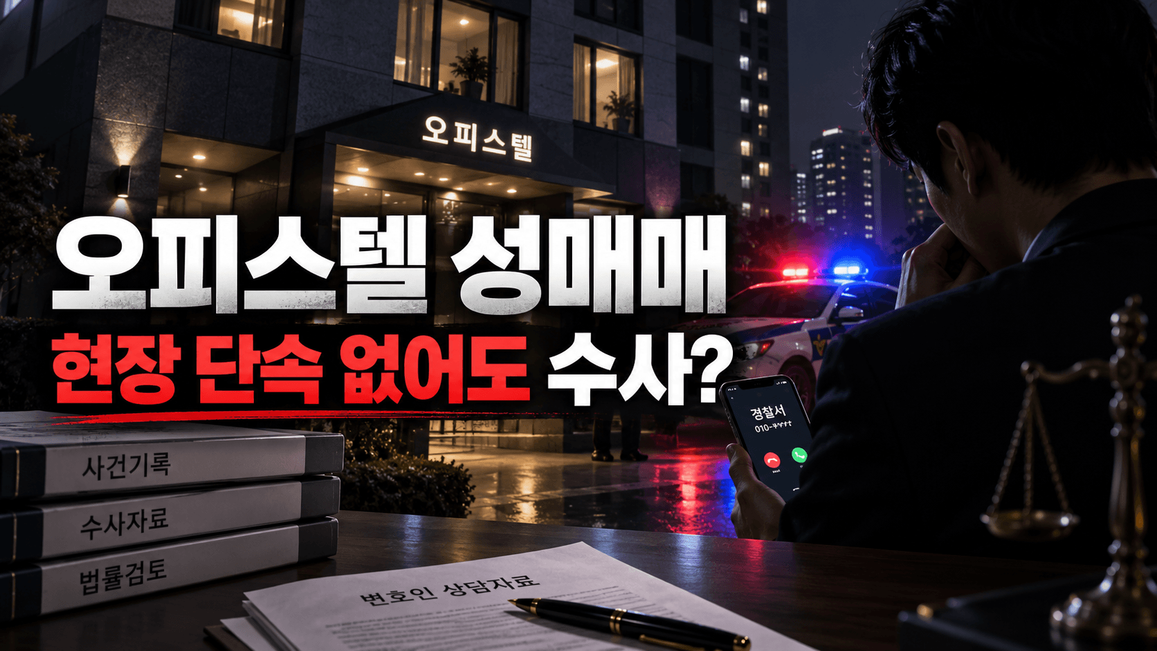 오피스텔 성매매 사건에서 현장 적발 없이도 수사가 이어질 수 있는 상황과 경찰조사 대응 필요성을 표현한 성범죄 법률 이미지입니다.