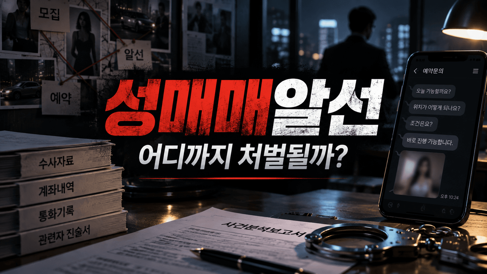 성매매알선 사건에서 예약·광고·장소제공 등 실제 관여 범위와 수사자료를 중심으로 처벌 여부를 판단하는 상황을 표현한 성범죄 법률 이미지입니다.