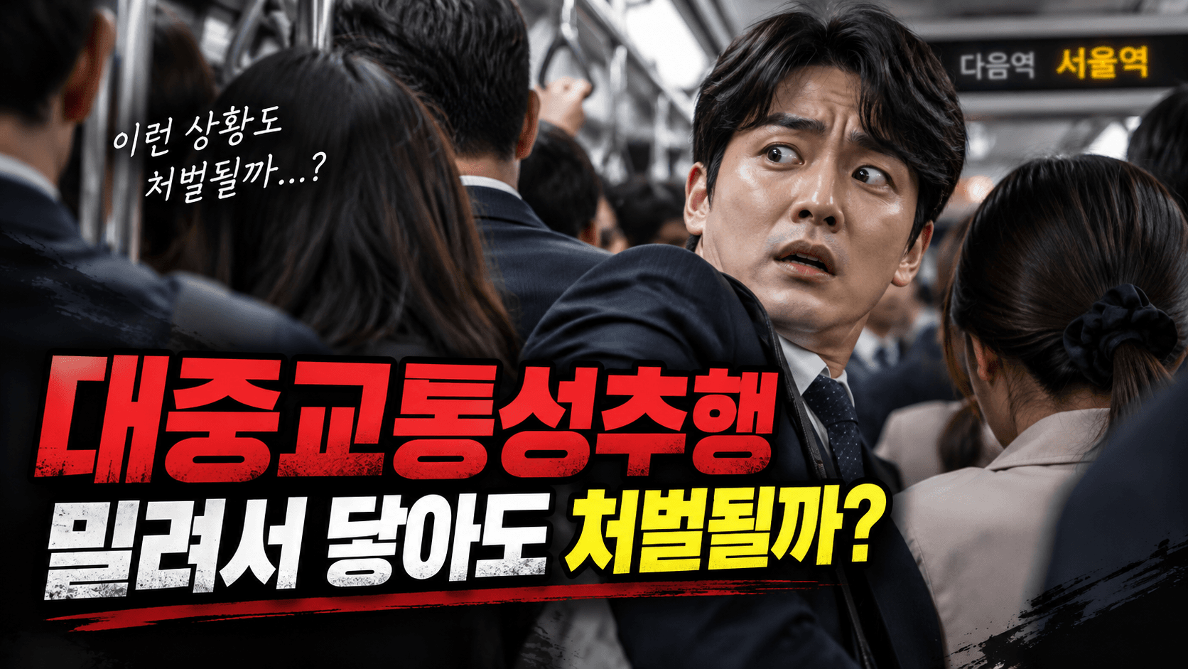  출퇴근길 혼잡한 지하철에서 우연한 신체 접촉으로 성추행 오해를 받을 수 있는 상황과, 신고 이후 불안해하는 피의자의 모습을 표현한 이미지입니다.