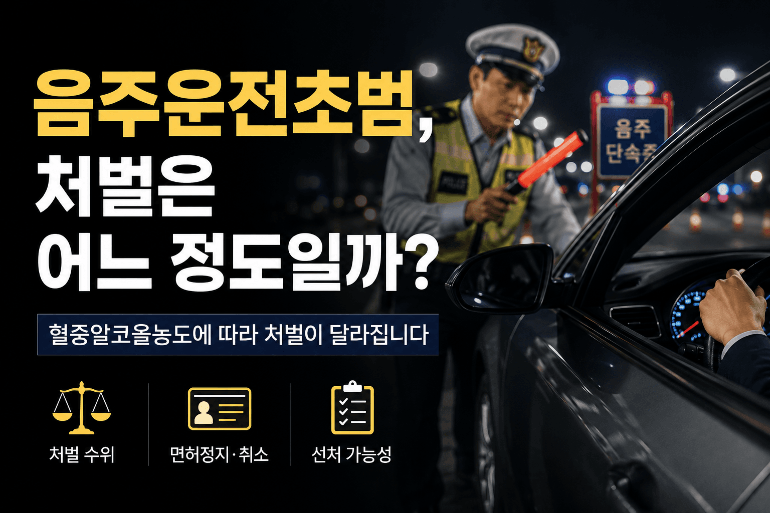 음주운전초범이라도 혈중알코올농도와 사고 여부에 따라 처벌 수위와 면허 처분이 달라질 수 있습니다.
