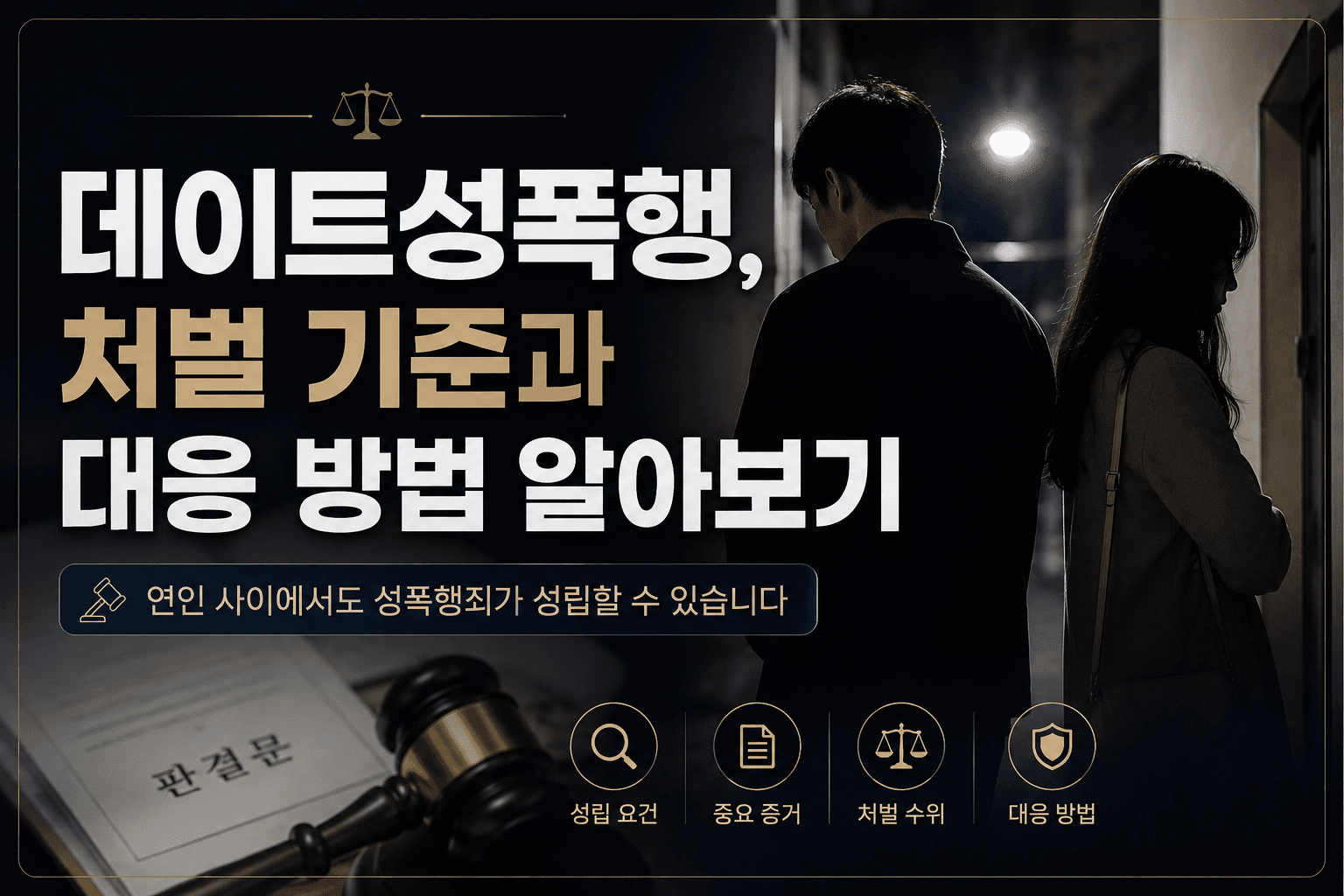 연인 사이에서 발생한 데이트성폭행 사건을 주제로, 성폭행죄 성립 기준과 처벌 수위, 중요한 증거 및 경찰 조사 대응 방법을 안내하는 대표 이미지