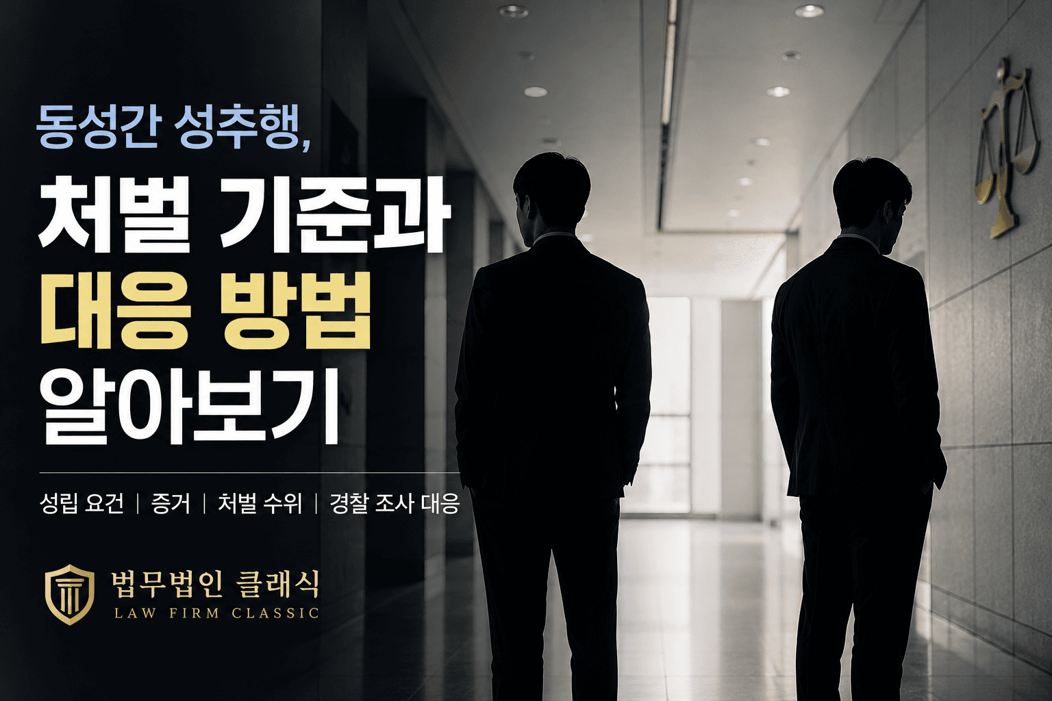법원 복도에서 서로 거리를 둔 채 등을 돌리고 서 있는 두 남성의 실루엣을 배경으로, 동성간 성추행의 성립 기준과 처벌, 경찰 조사 대응 방법을 설명하는 대표 이미지입니다.