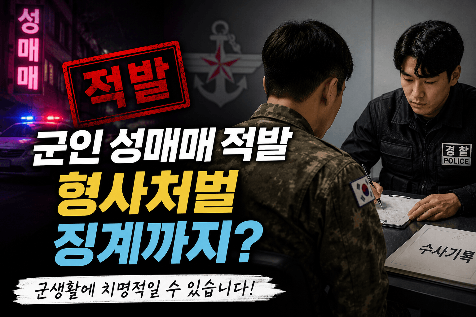 휴가복 차림의 군인이 경찰 조사실에서 조사관과 마주 앉아 진술하는 모습을 통해 군인성매매 적발 이후 형사절차와 군 징계의 가능성을 상징적으로 표현한 대표 이미지입니다.