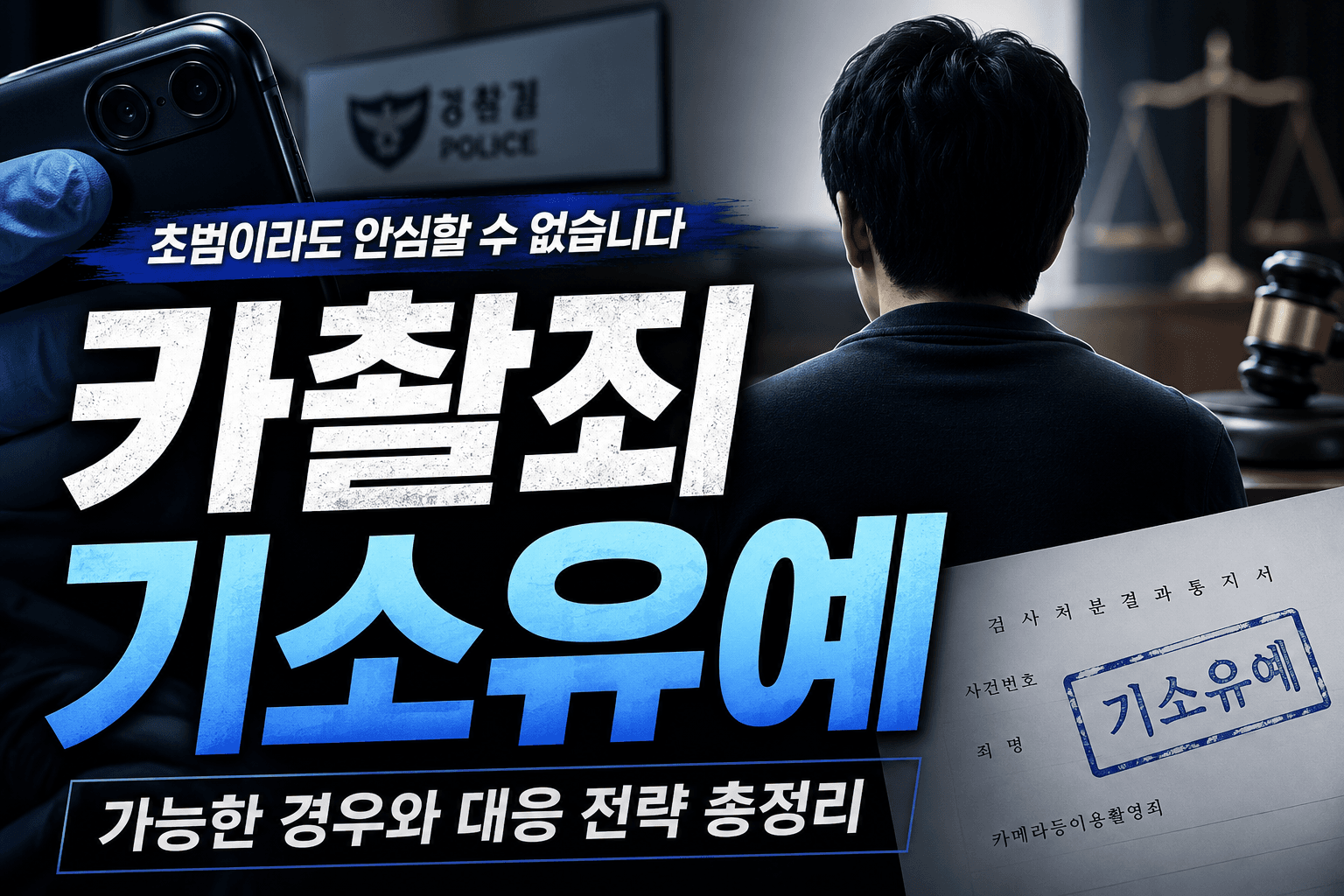 경찰 조사실에서 디지털 포렌식 자료를 검토하는 수사관과 조사를 받는 피의자의 모습을 통해 카촬죄기소유예 사건의 수사 과정과 초기 대응의 중요성을 상징적으로 표현한 대표 이미지입니다.