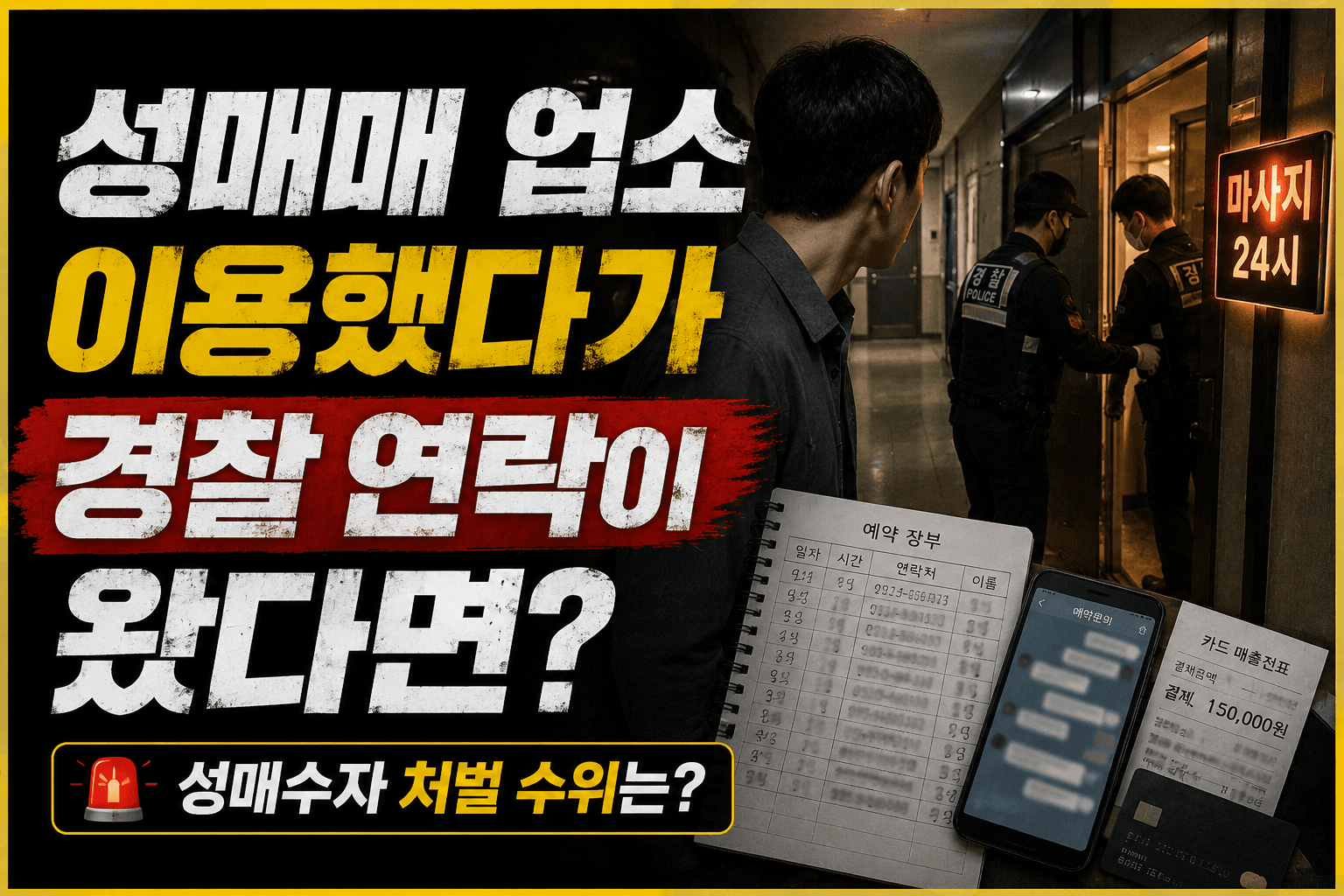 늦은 밤 오피스텔형 성매매 의심 업소에 경찰이 출동해 단속을 진행하고, 업소를 이용한 남성이 복도에서 당황한 모습으로 상황을 지켜보는 장면을 통해 업소 단속 이후 성매수자로 경찰 조사를 받게 되는 상황을 표현한 이미지입니다.