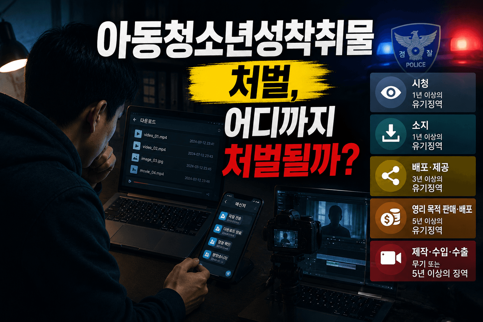 어두운 방에서 성인 남성이 노트북과 스마트폰으로 온라인 파일을 확인하고 있으며, 화면 주변에 다운로드 기록과 메신저 파일전송 내역이 표시된 모습을 통해 아동청소년성착취물의 구입·소지·시청 혐의로 수사가 시작될 수 있는 상황을 표현한 이미지입니다. 실제 불법 콘텐츠나 아동·청소년의 모습은 노출하지 않습니다.