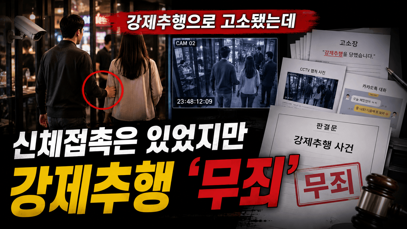회식이 끝난 뒤 사람들이 오가는 식당 출입구에서 성인 남녀 사이에 신체접촉이 발생하고, 화면 한쪽에는 당시 상황이 촬영된 CCTV 장면과 서로 엇갈리는 진술서를 함께 배치해 강제추행으로 고소됐지만 실제 접촉의 경위와 객관적인 증거를 토대로 무죄 여부를 다투는 상황을 표현한 이미지입니다.
