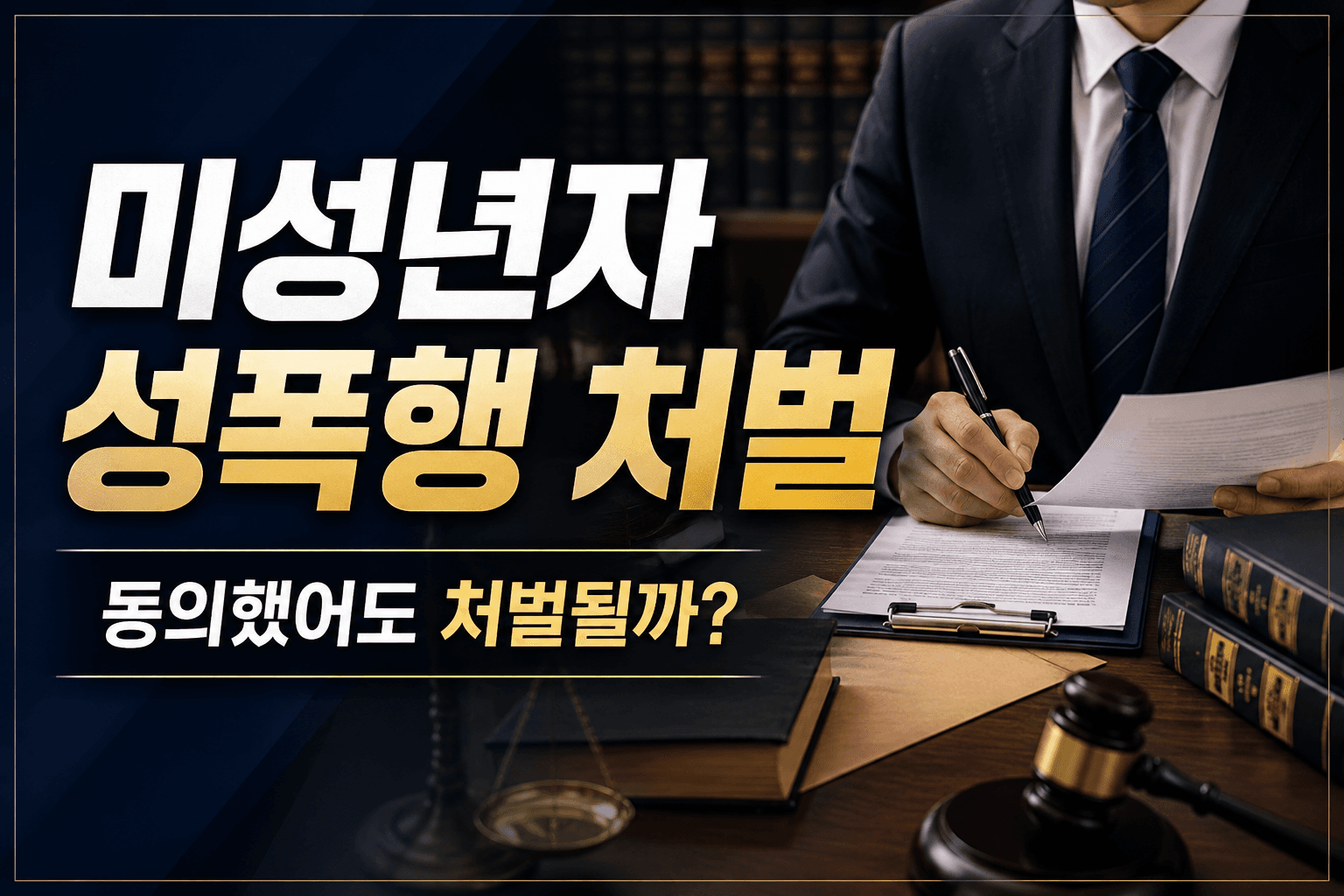 미성년자성폭행 사건에서 연령 기준과 동의 여부, 의제강간 적용 여부를 확인하는 법률 상담 상황을 표현한 이미지입니다.