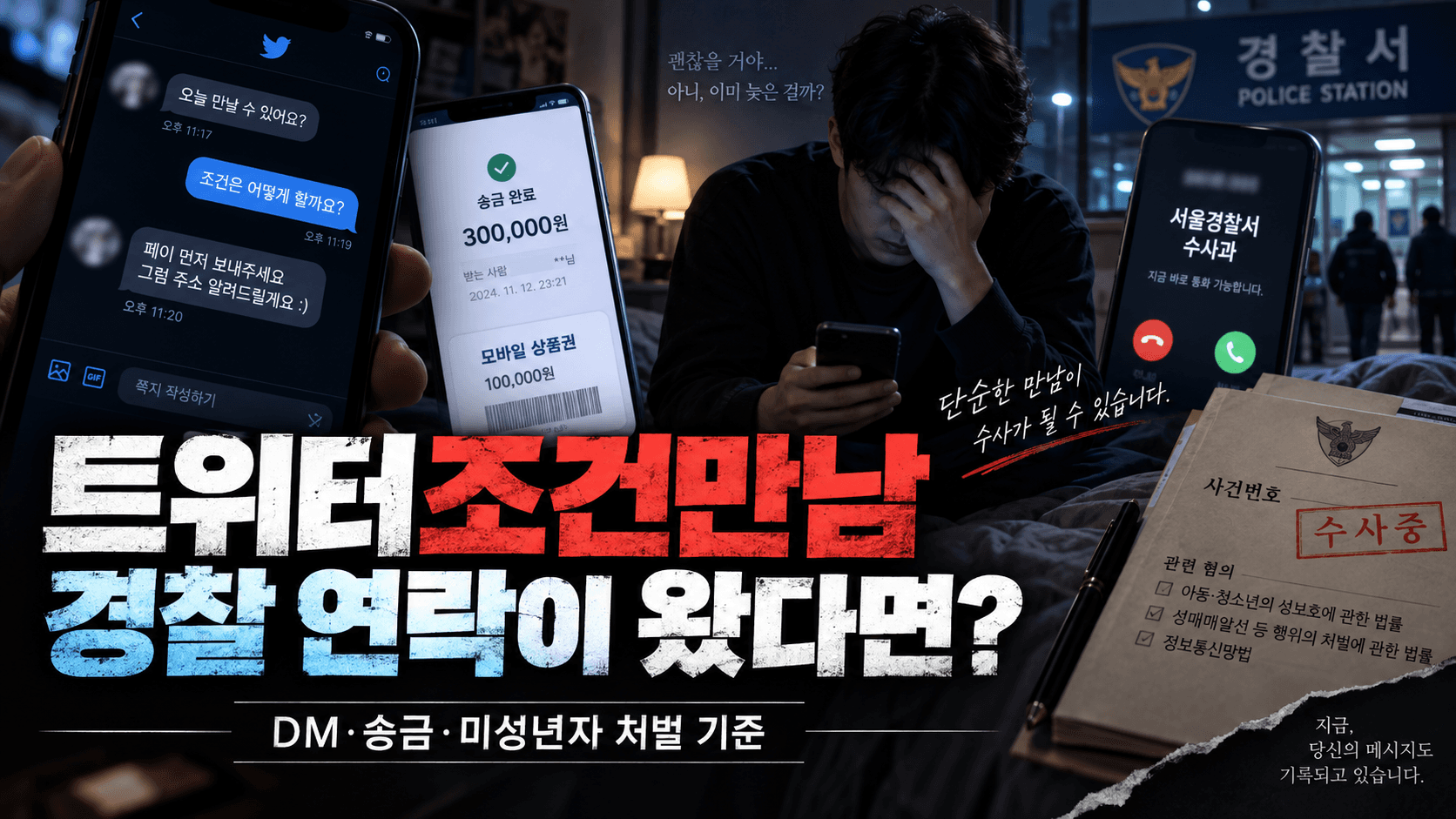 트위터조건만남으로 DM과 송금 기록이 남은 상황에서 미성년자 여부와 경찰조사 가능성, 처벌 기준을 확인하는 모습을 표현한 형사 법률 이미지입니다.