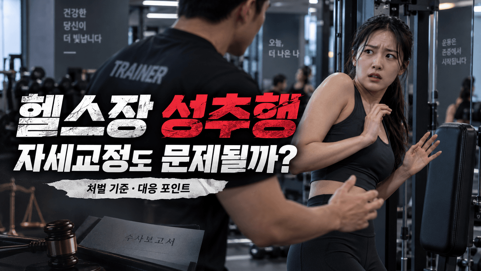 운동을 도와주다 생긴 접촉이 성추행 신고로 이어질 수 있는 헬스장 상황을 담은 이미지입니다.