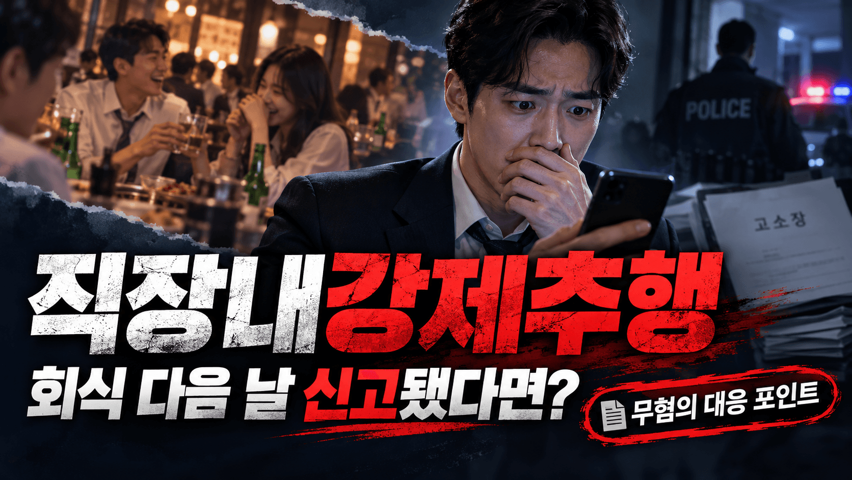 회식 다음 날 직장내강제추행 신고를 받고 갑작스럽게 형사절차에 대응해야 하는 상황을 표현한 이미지입니다.