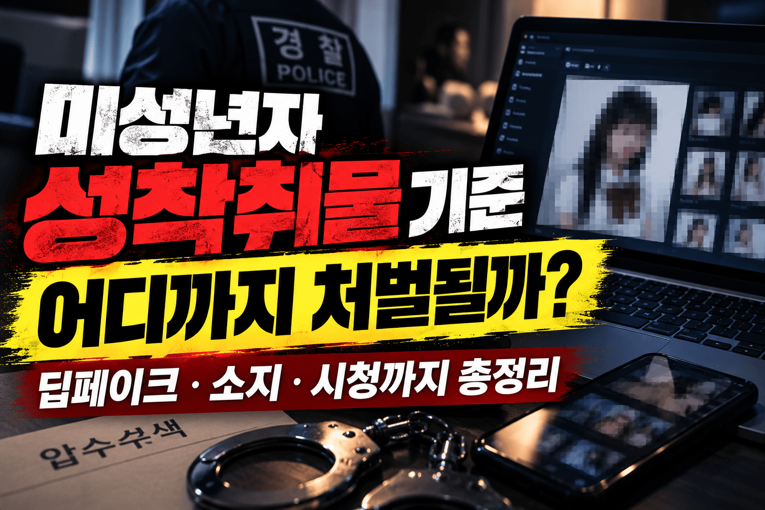 미성년자성착취물 기준과 딥페이크·소지·시청 처벌 여부를 주제로, 경찰 수사 장면과 디지털 증거자료, 수갑을 표현한 이미지입니다.
