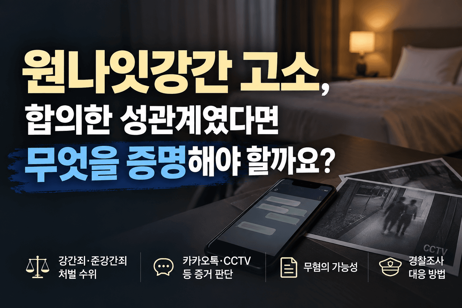 원나잇강간 고소 관련 법률 칼럼 썸네일. 숙박업소 객실을 배경으로 카카오톡 대화와 CCTV 증거 이미지를 배치하고, 강간죄·준강간죄 처벌 수위와 무혐의 판단 기준, 경찰조사 대응 방법을 안내하는 이미지.